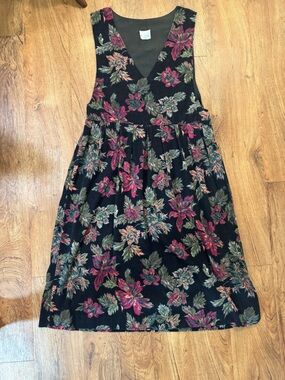 Vintage Leslie Fay Size 16 Corduroy Black Dress w Pink & Green Floral Buttons